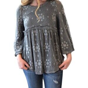 POL Women's Gray Floral Lace Baby Doll Sheer Lace Up Back Blouse Top NWT Size L
